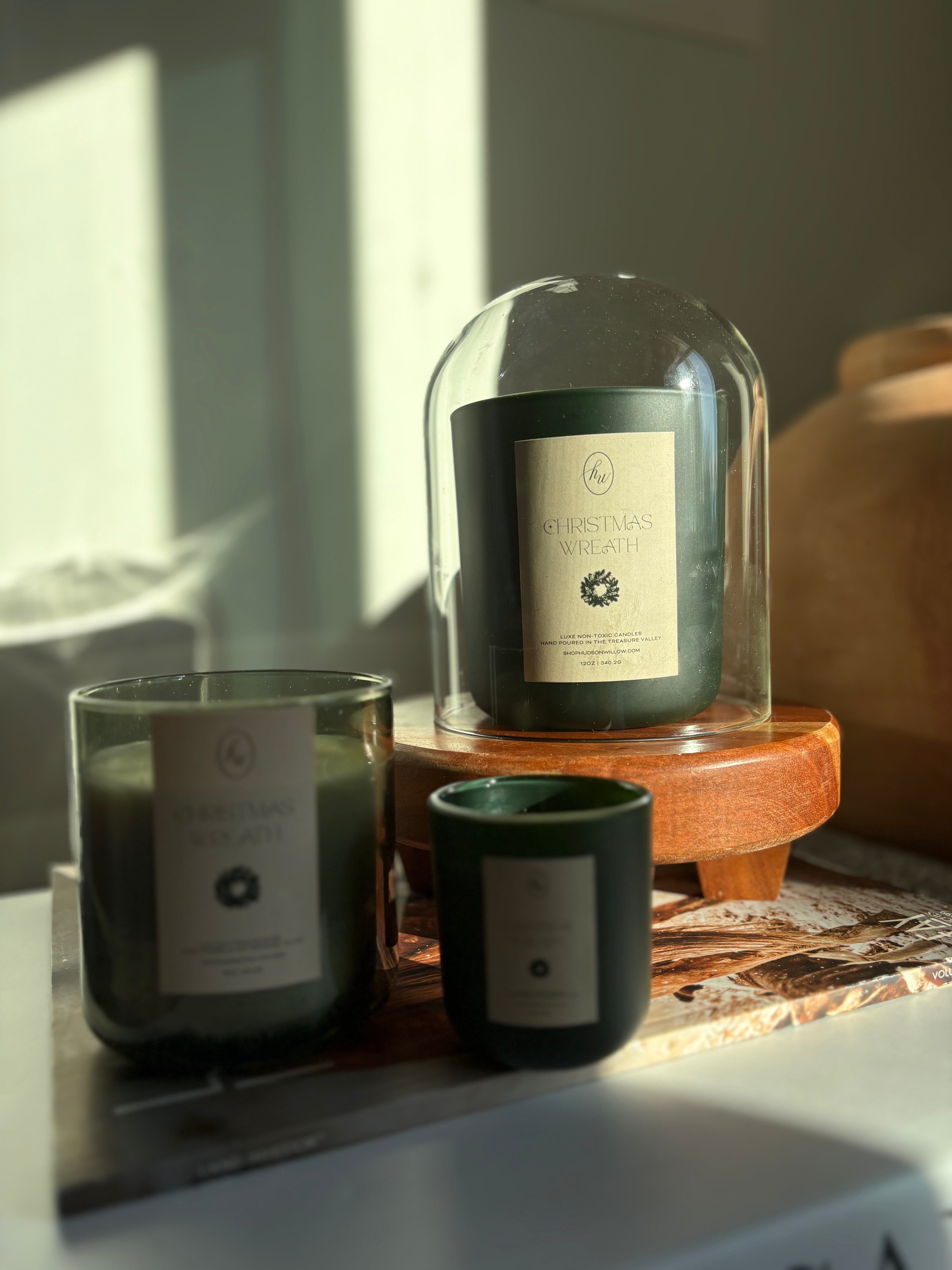 Alpine Green Soy Candle Glass Cloche on Pedestal  